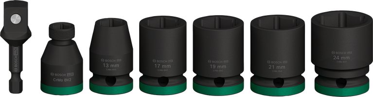 Juego de vasos de impacto Bosch PRO con adaptador de 1/2 pulgada, 7 piezas.